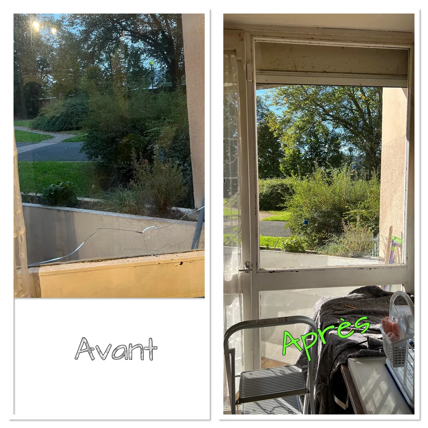 Avant après du remplacement d'une vitre cassée à Aulnay-sous-Bois